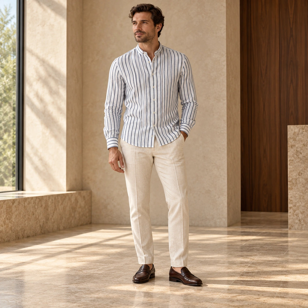Cămașă din in slim fit cu dungi Pisa, de culoare albă.