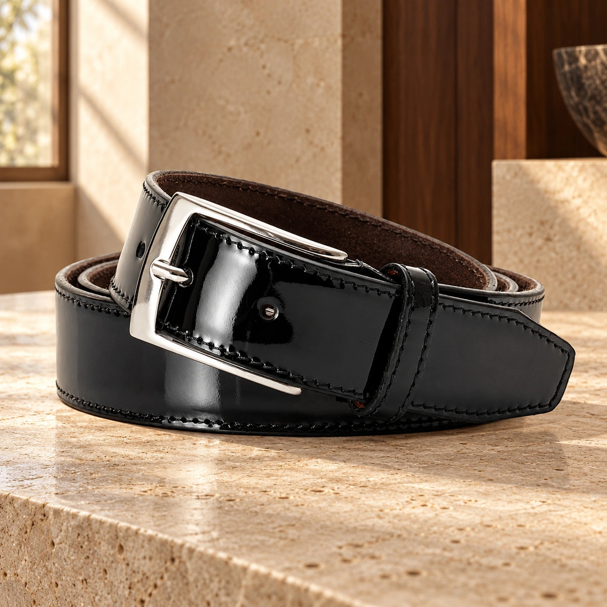Curea din piele naturală Patent Black, de culoare neagră.