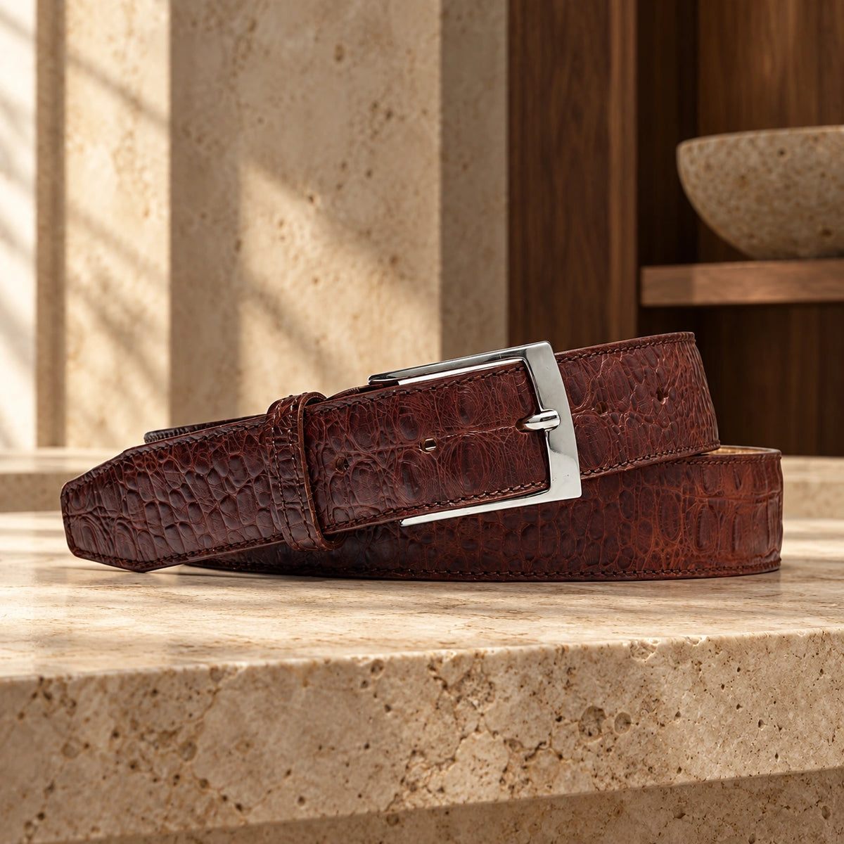 Curea din piele naturală Croco Vintage, de culoare maro.