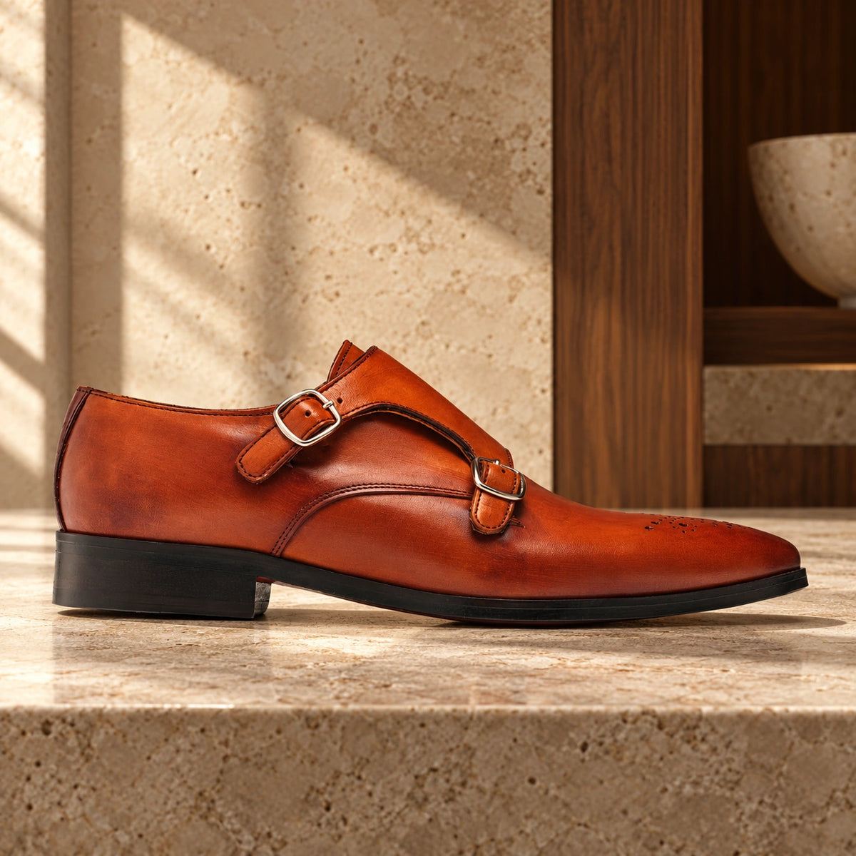 Pantofi cu toc mediu și cataramă Catania din piele naturală, de culoare cognac.
