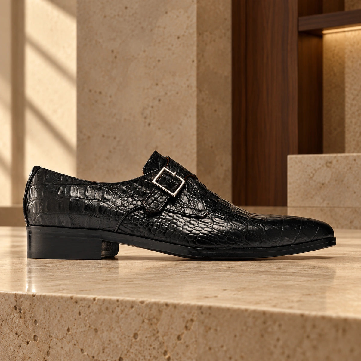 Pantofi din piele naturală Croco Trieste, de culoare neagră.