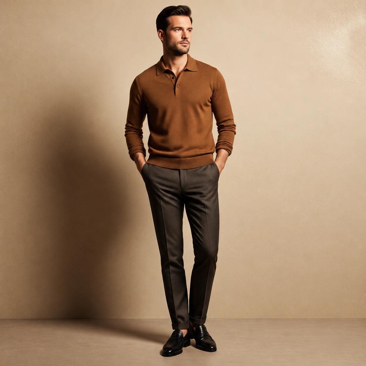 Tricou polo din lână merinos Camel.