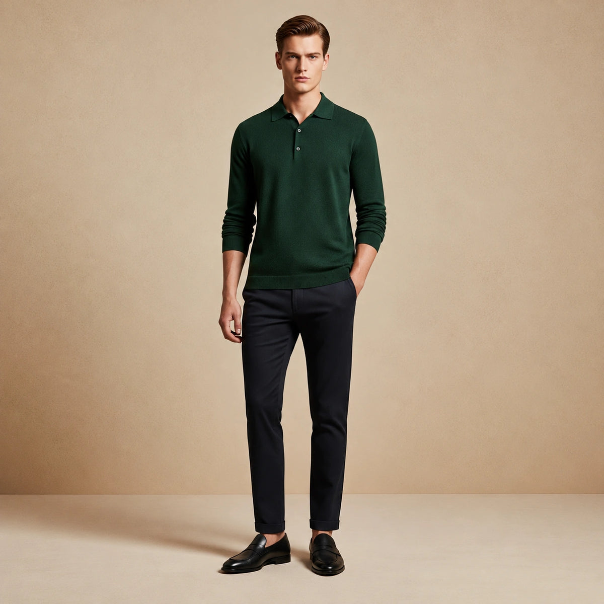Tricou polo din lână merinos Verde.
