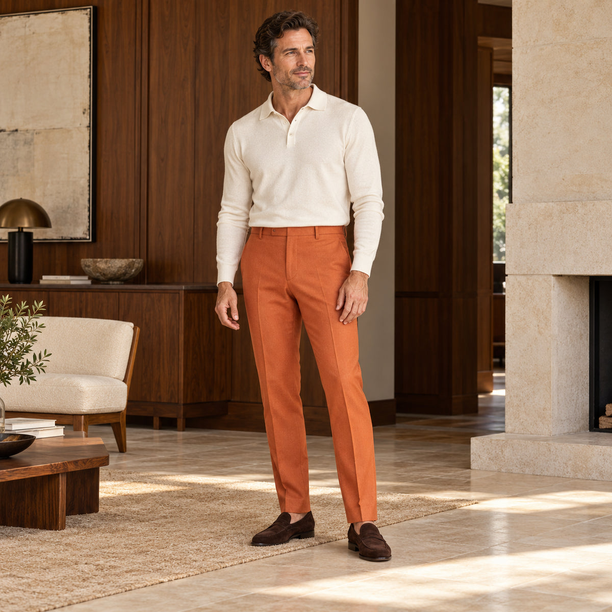 Pantaloni Malaga portocalii, purtați pe model cu un top ivoire și mocasini maro, într-un interior cu lemn de nuc.