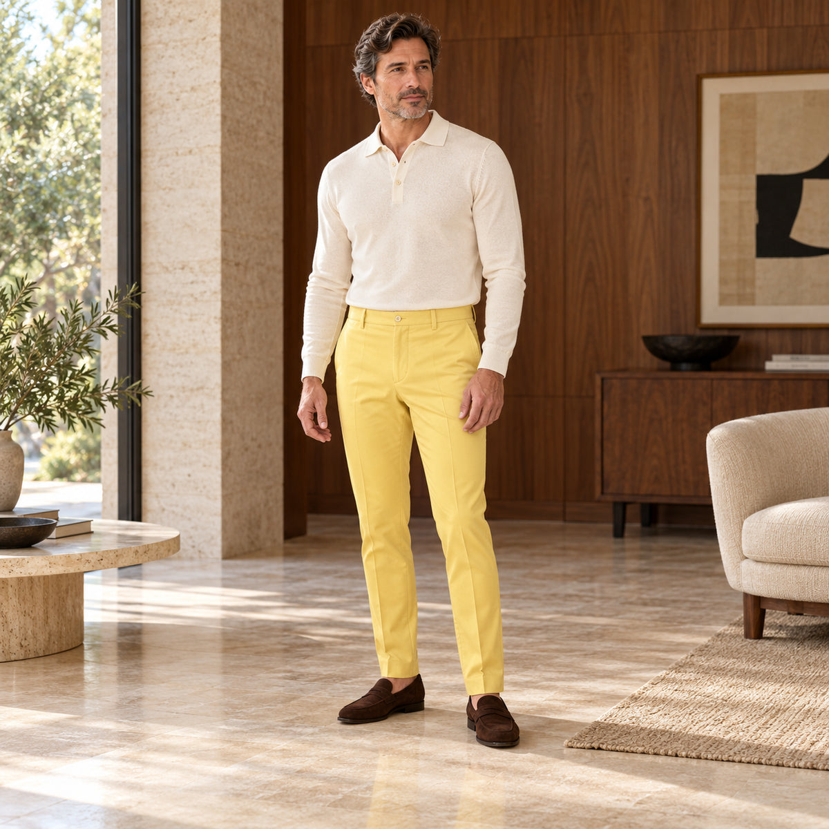 Pantaloni Marbella galbeni, purtați pe model cu un top ivoire și mocasini maro, într-un interior cu lemn de nuc.
