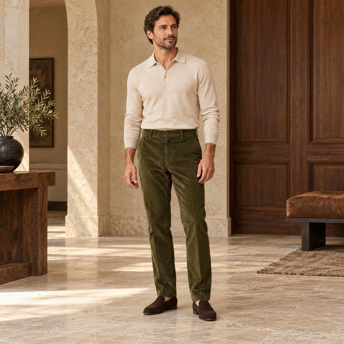 Pantaloni raiați olive, purtați cu un polo bej și mocasini maro.