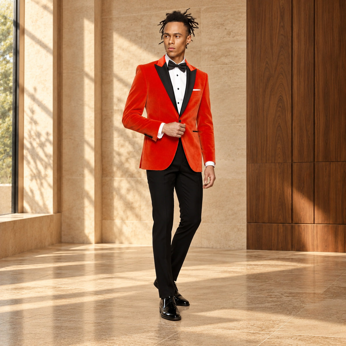 Costum la comandă Kingsman din catifea și lână, de culoare portocalie. Cadru editorial pe model, cu ținuta completă.