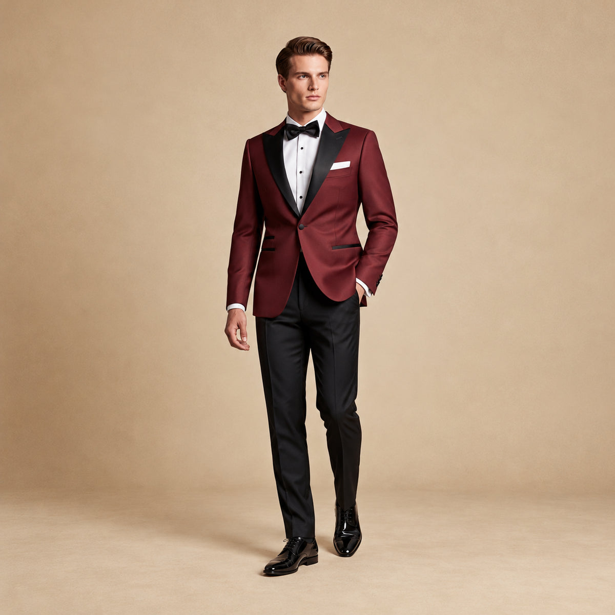 Costum la comandă Marsala Night din lână. Cadru editorial pe model, cu ținuta completă.