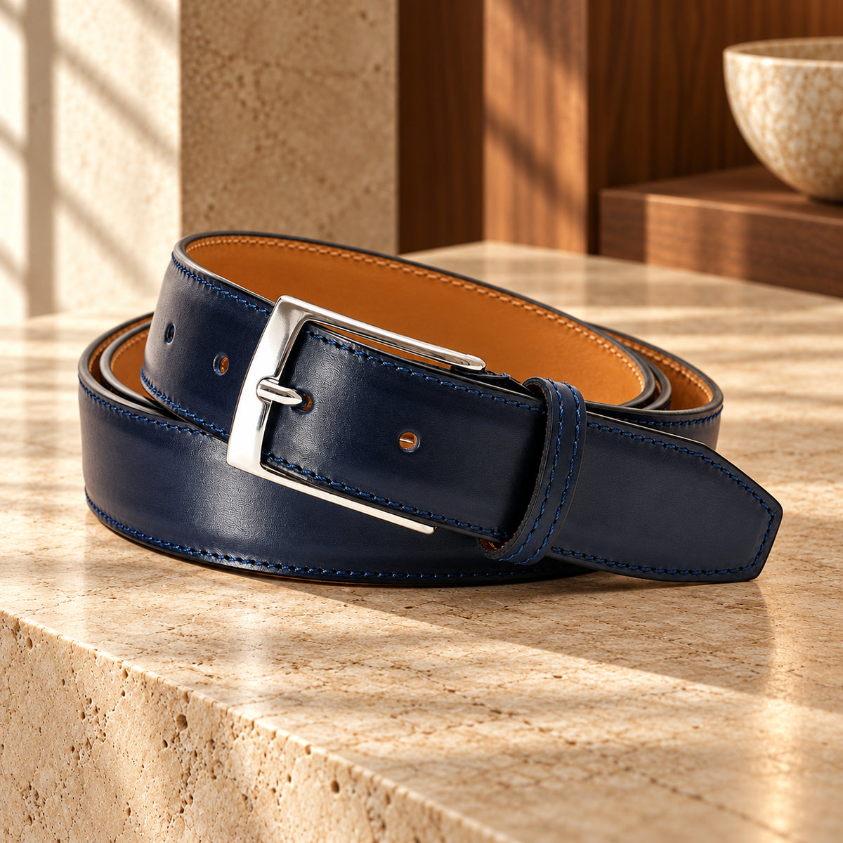 Curea din piele naturală Navy, de culoare bleumarin. Cadru din unghi, pe o suprafață de piatră.
