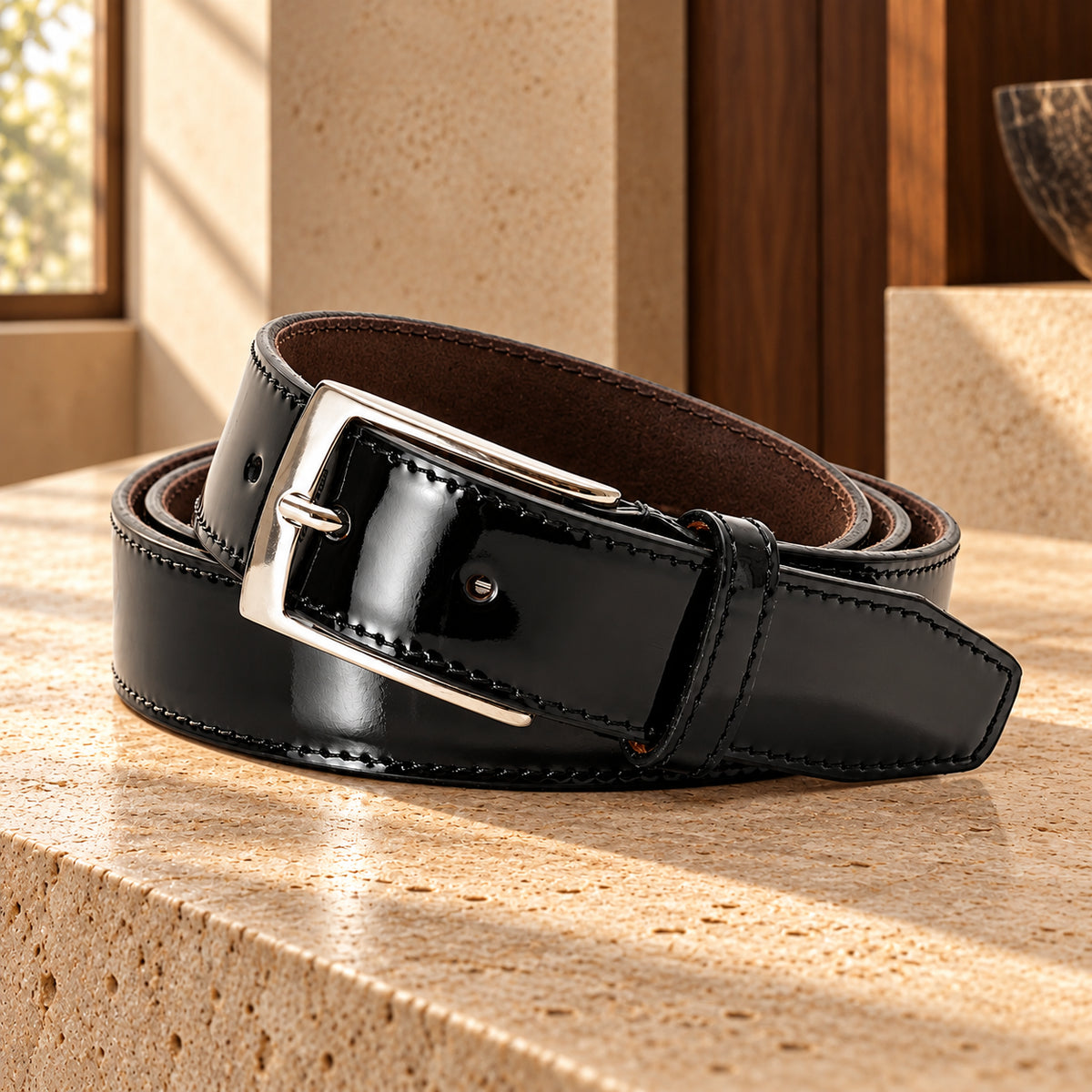 Curea din piele naturală Patent Black, de culoare neagră. Cadru din unghi, pe o suprafață de piatră.