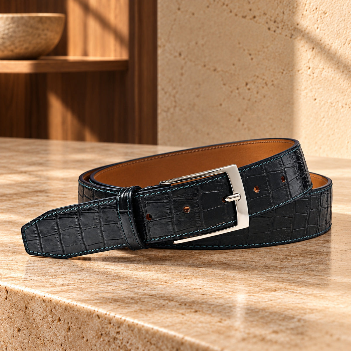 Curea din piele naturală Croco Dark Green, de culoare verde închis. Cadru din unghi, pe o suprafață de piatră.