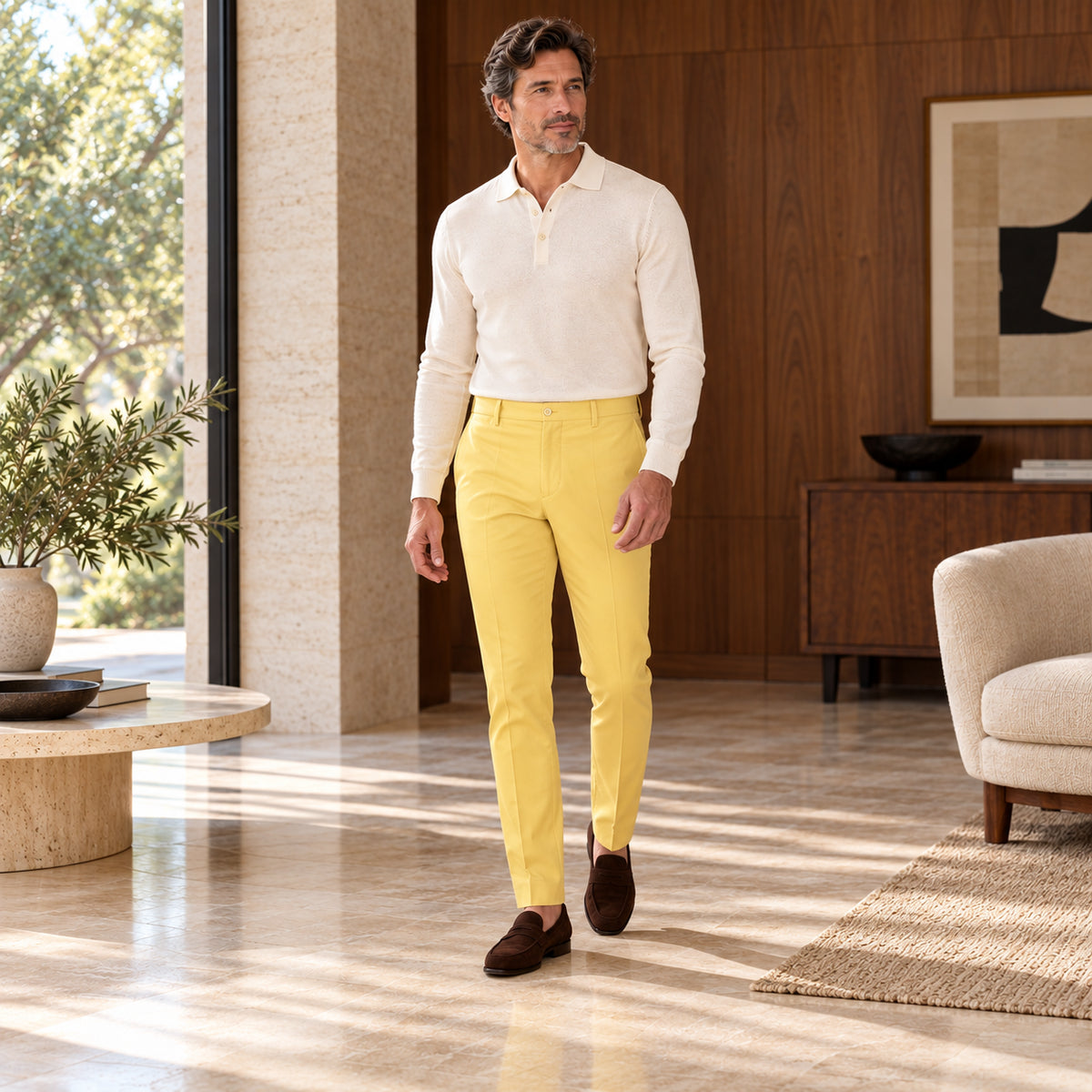 Pantaloni Marbella galbeni, purtați pe model cu un top ivoire și mocasini maro, într-un interior cu lemn de nuc Cadru integral în mers.