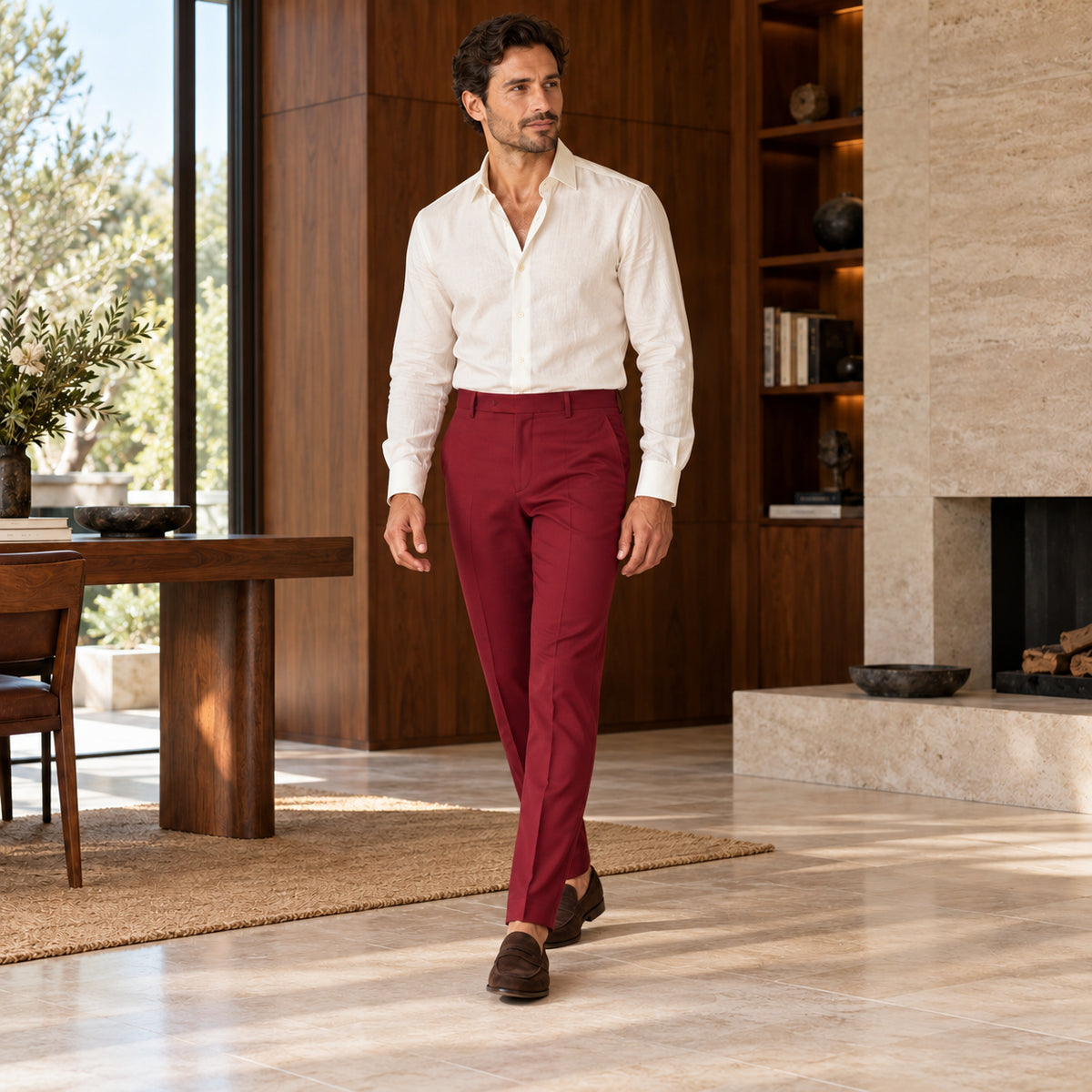Pantaloni Santander burgundy, purtați pe model cu un top ivoire și mocasini maro, într-un interior cu lemn de nuc Cadru integral în mers.