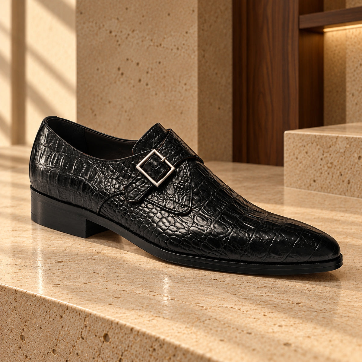 Pantofi din piele naturală Croco Trieste, de culoare neagră. Vedere din unghi pe o suprafață de piatră, în decor cu lemn.