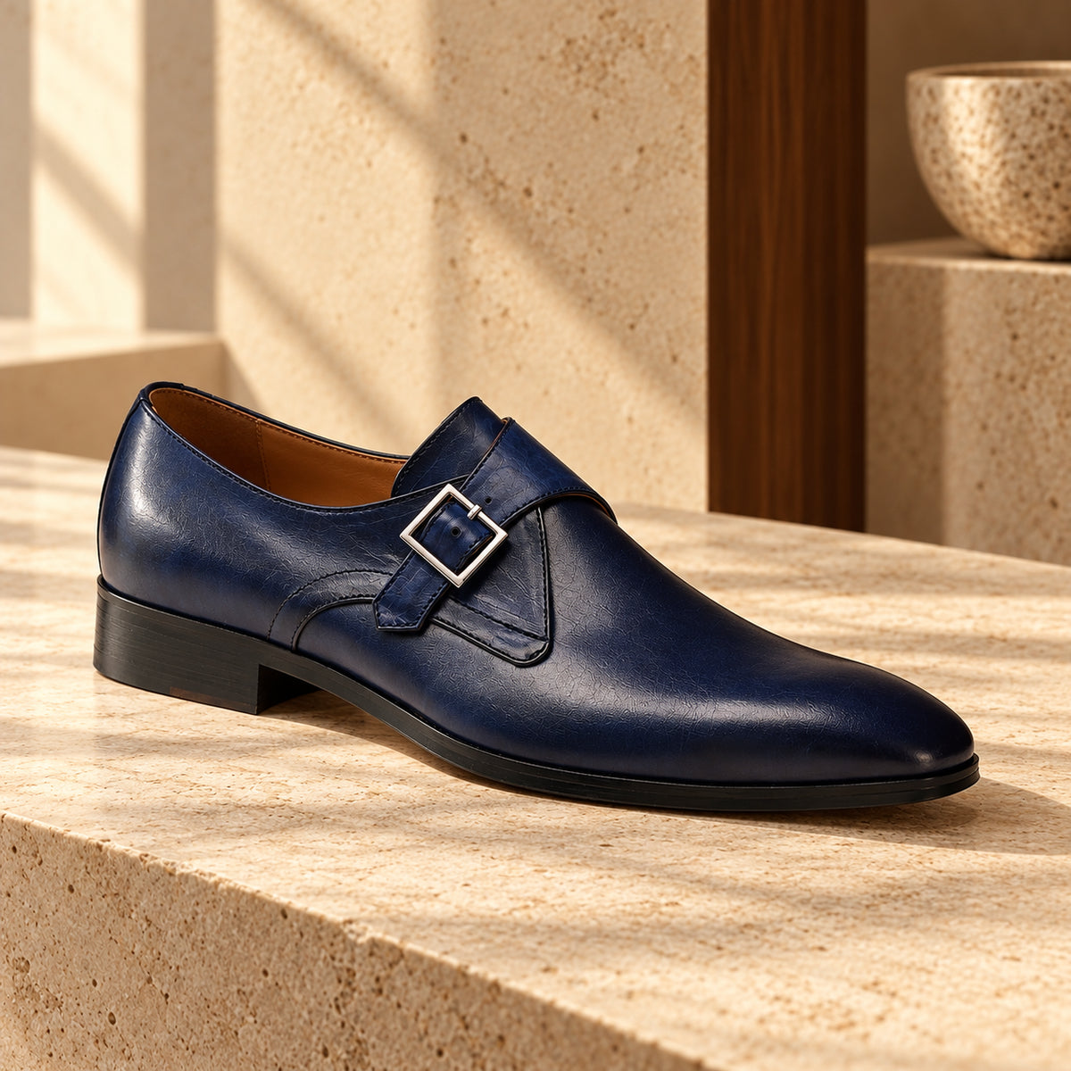 Pantofi de piele naturală monkstrap Treviso, de culoare bleumarin. Vedere din unghi pe o suprafață de piatră, în decor cu lemn.