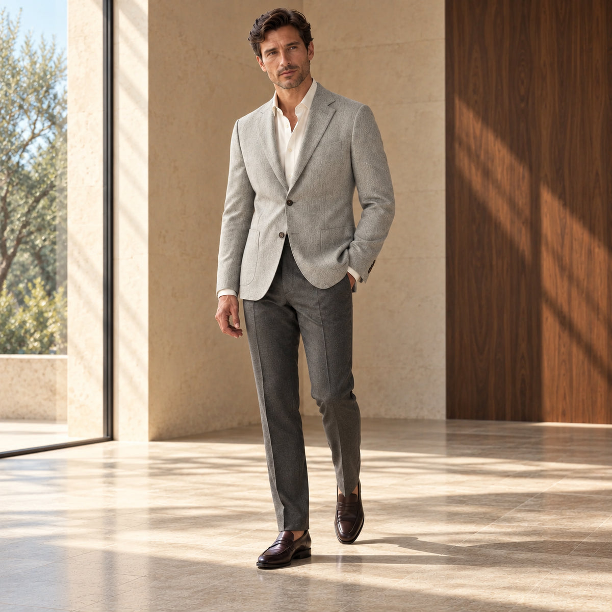 Sacou Firenze, de culoare gri deschis. Cadru editorial pe model, cu ținuta completă.