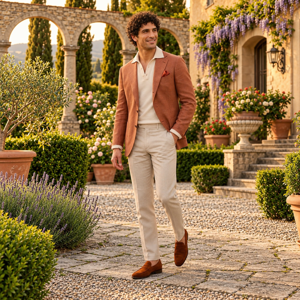 Sacou Otranto din in, de culoare cărămizie. Cadru editorial pe model, cu ținuta completă.