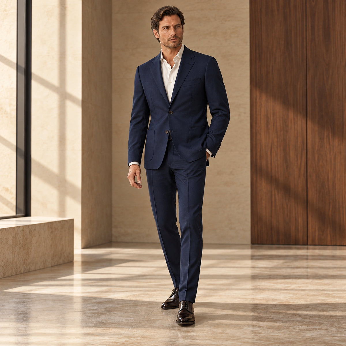 Sacou Puglia, de culoare bleumarin. Cadru editorial pe model, cu ținuta completă.