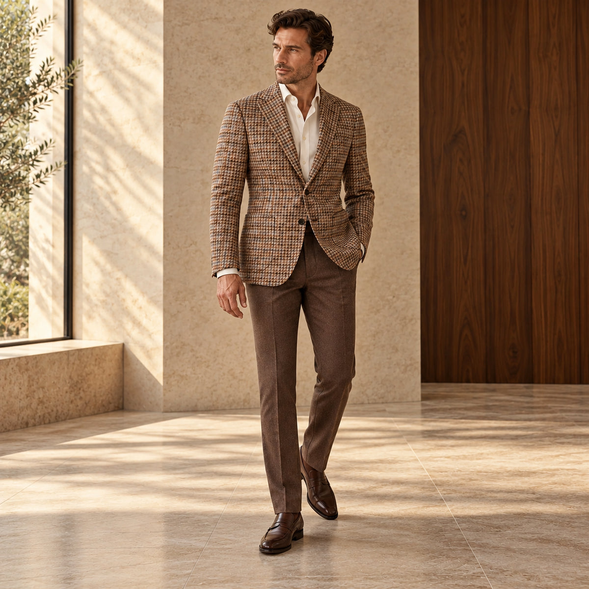 Sacou Taormina, de culoare maro cu carouri. Cadru editorial pe model, cu ținuta completă.