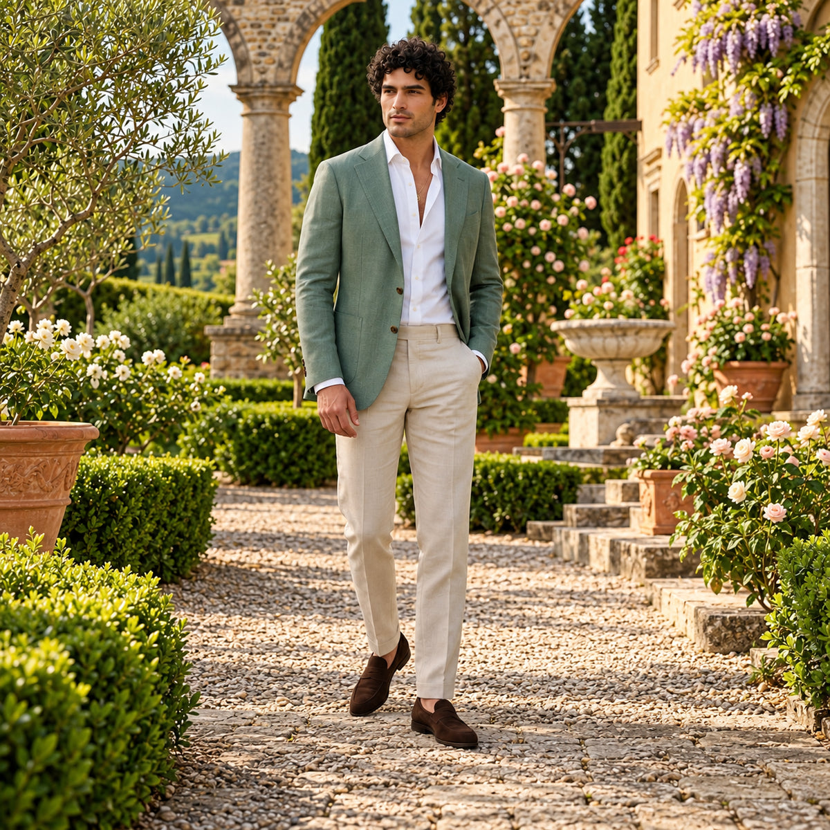 Sacou Verdano, de culoare verde deschis. Cadru editorial pe model, cu ținuta completă.