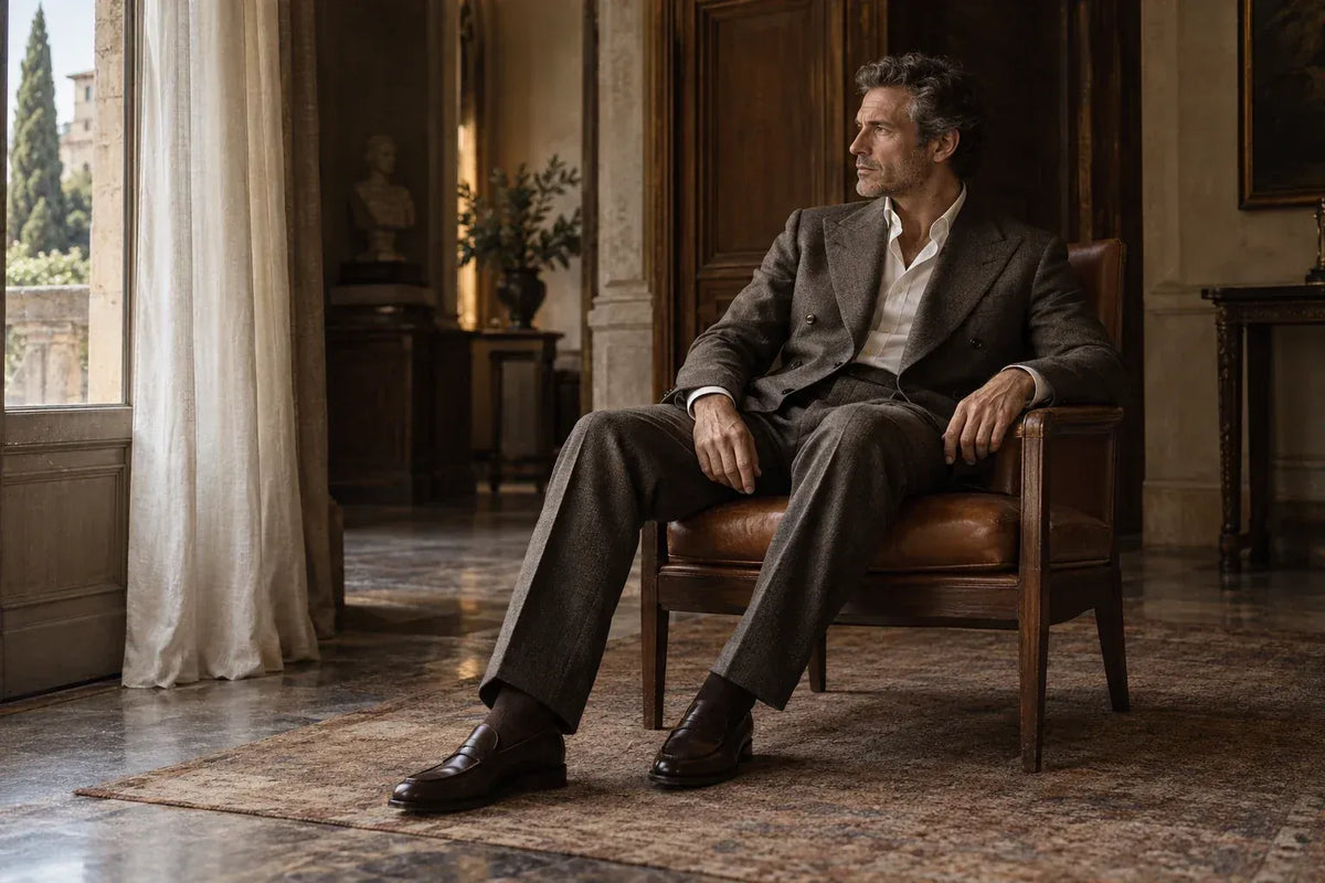 Editorial de stil: costum maro închis la două rânduri, într-un interior cu lumină naturală