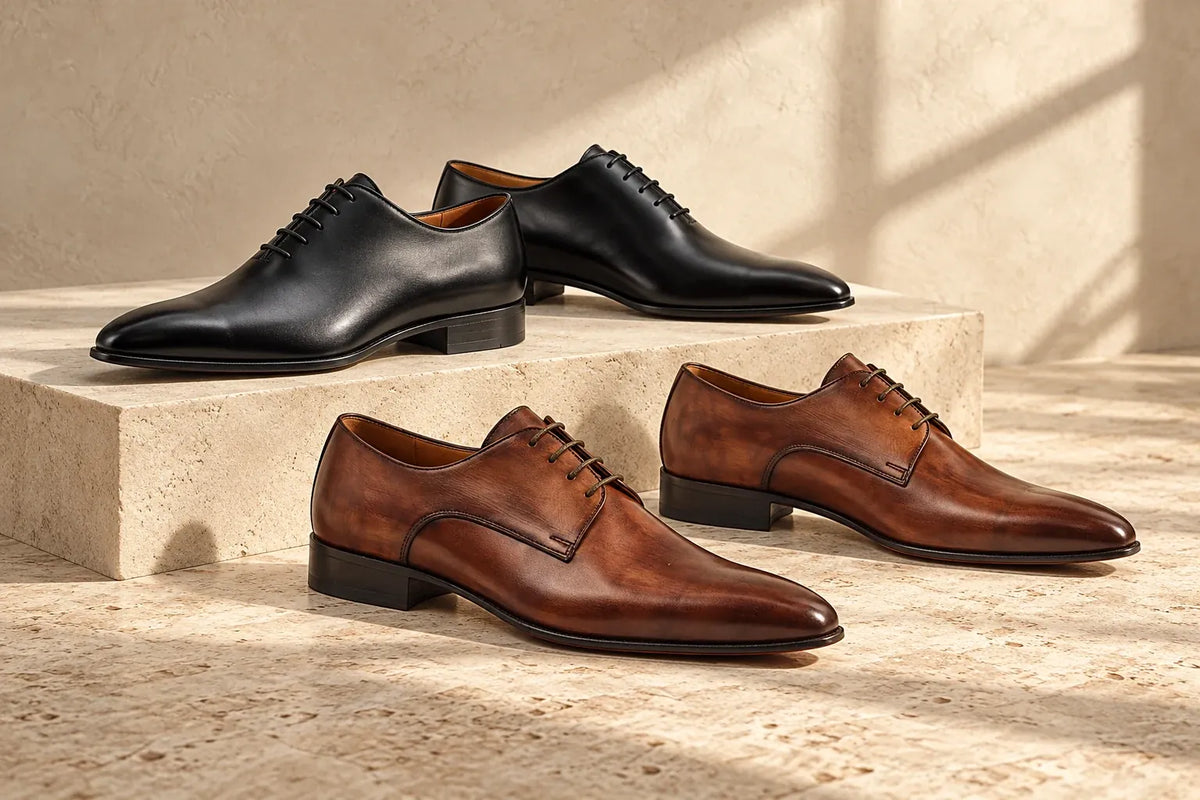Pantofi Oxford negri și Derby maro, inspirați de modelele MARSAY