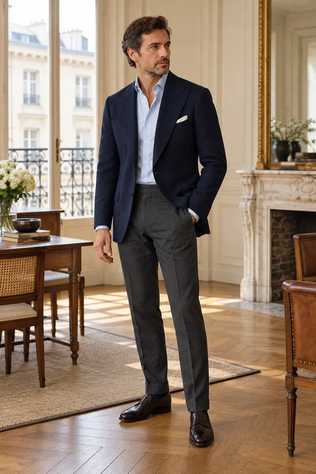 Sacou bleumarin cu cămașă bleu și batistă ivory, într-un cadru apropiat.