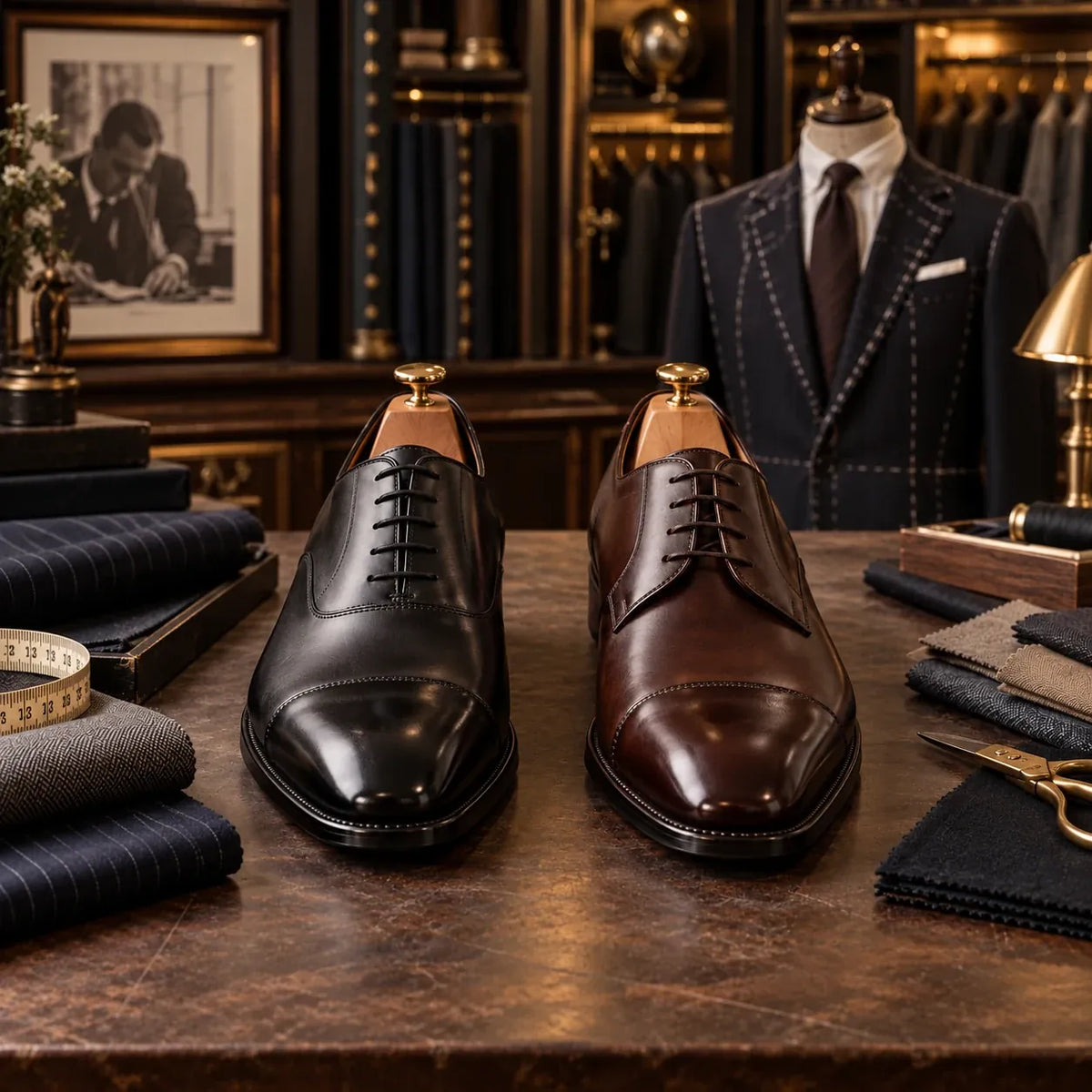Pantofi Oxford negri și Derby maro, în atelier.