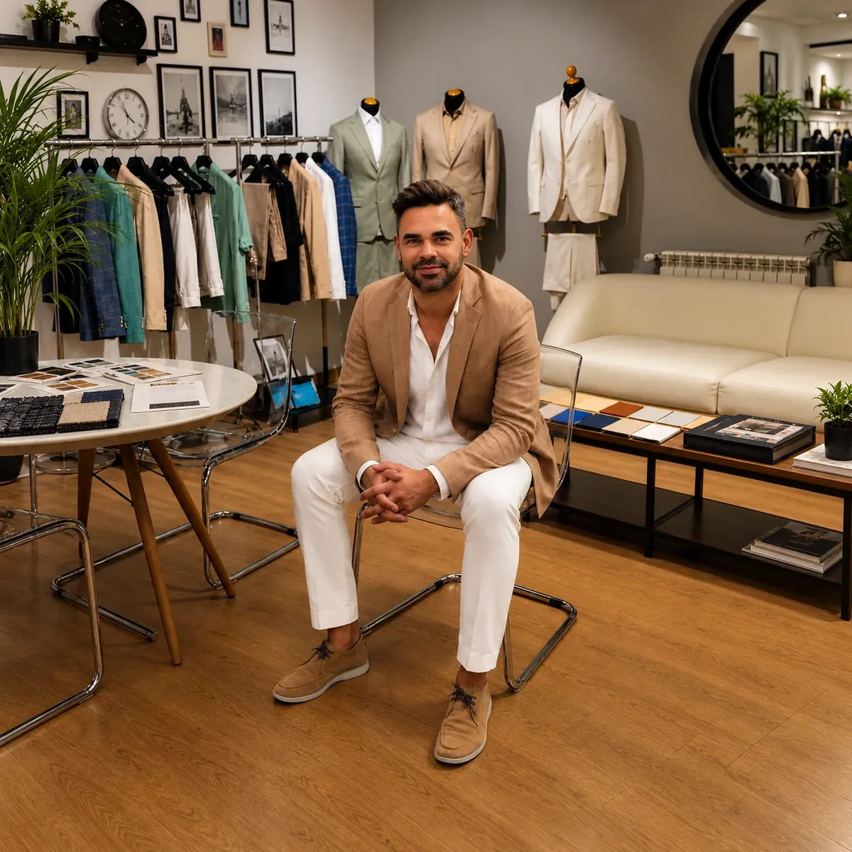 Alex în showroomul MARSAY, în sacou maro și pantaloni albi.