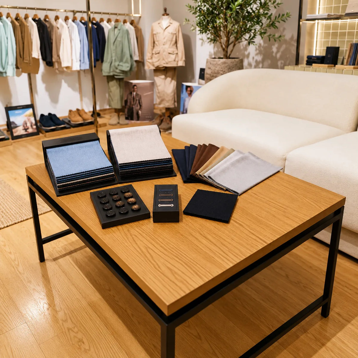 Mostre de țesături, nasturi și detalii de personalizare în showroom.