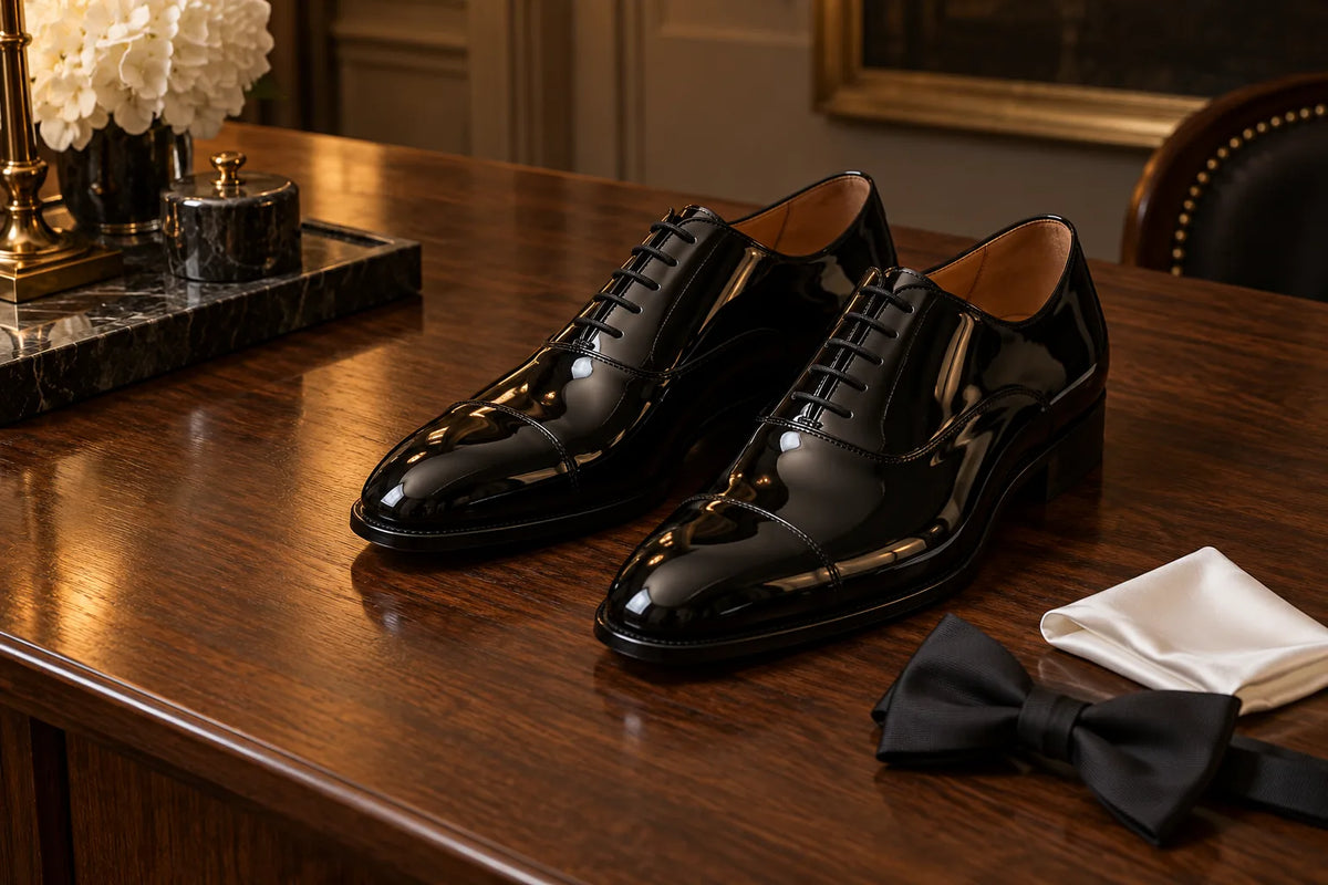 Pantofi Oxford negri lăcuiți, pentru ținute de ceremonie.