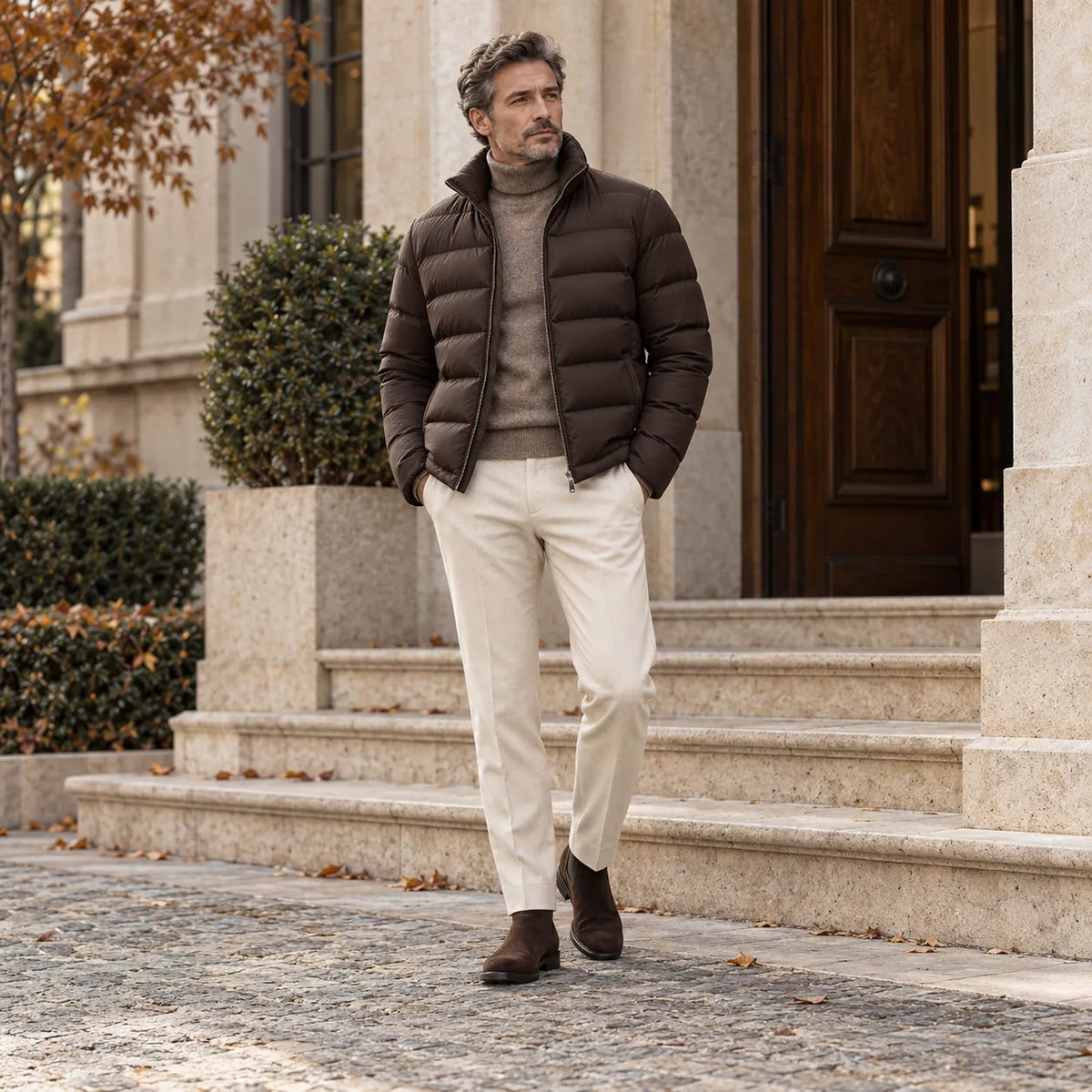 Geacă matlasată brună, maletă taupe și pantaloni crem, într-o ținută pentru sezonul rece