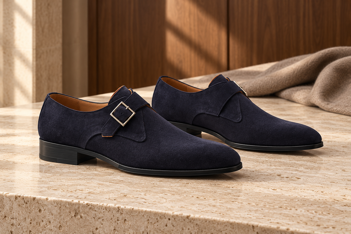 Pantofi Monkstrap bleumarin din piele întoarsă, cu o singură cataramă argintie.