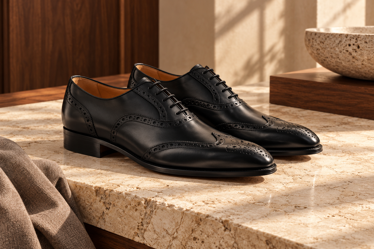 Pantofi Wingtip negri, cu vârf în formă de W și perforații decorative, pe piatră deschisă.