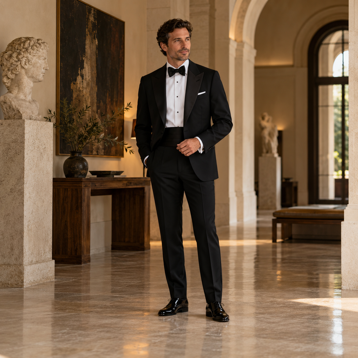 Bărbat în smoking negru cu rever ascuțit, papion negru și cămașă albă, într-un interior elegant.