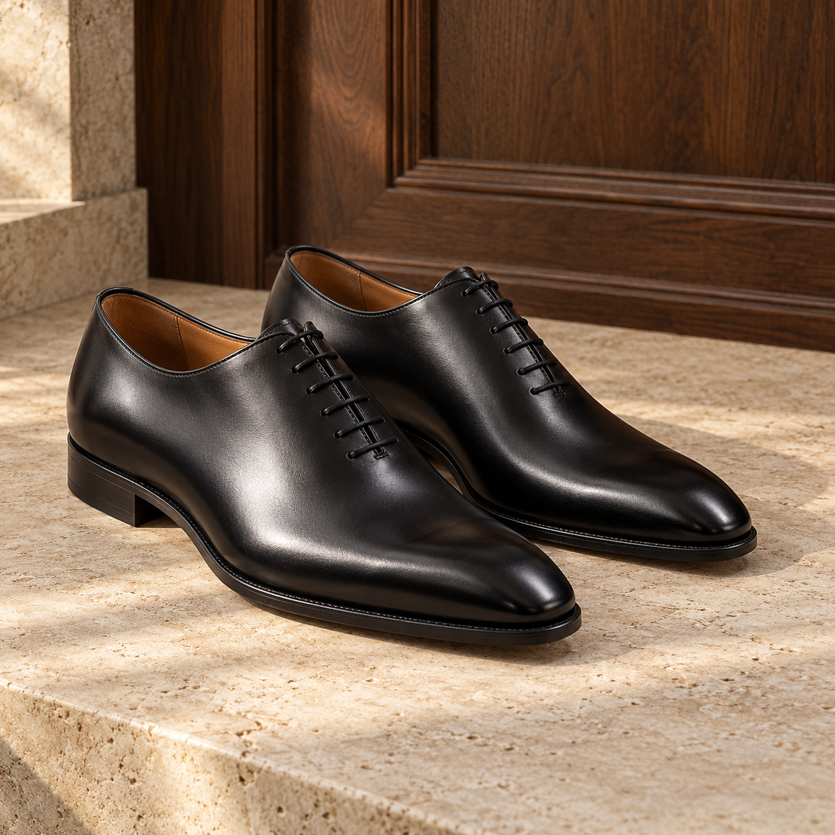 Pereche de pantofi Oxford negri din piele lustruită, așezați pe un suport din piatră deschisă.
