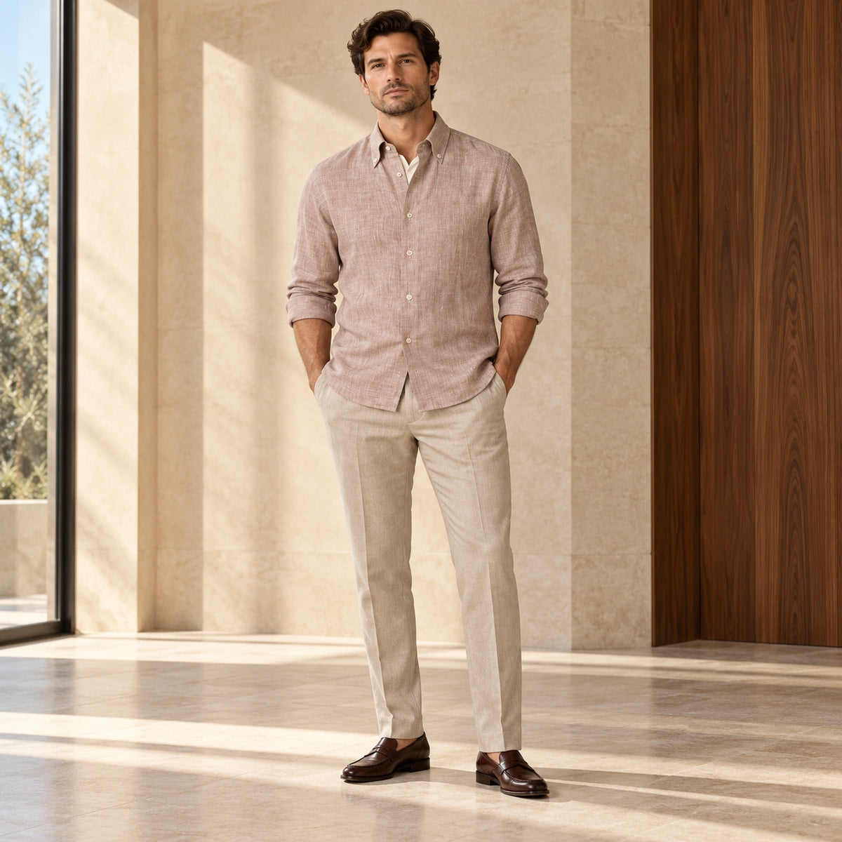 Cămașă din in slim fit casual Bergamo, de culoare maro.