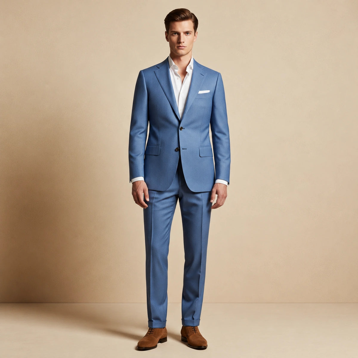 Costum Verona din lână italiană, de culoare bleu.