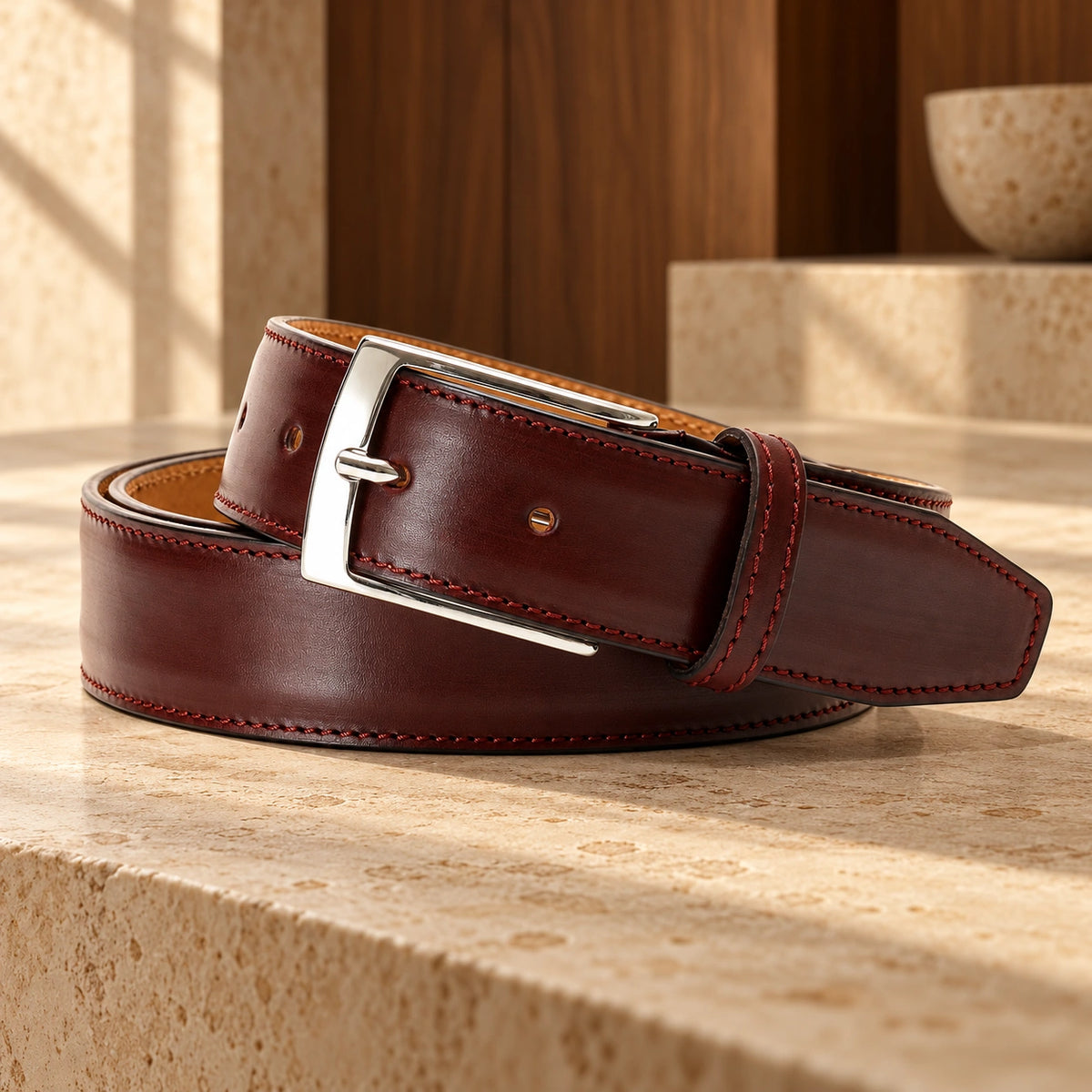Curea din piele naturală Burgundy, de culoare bordo.
