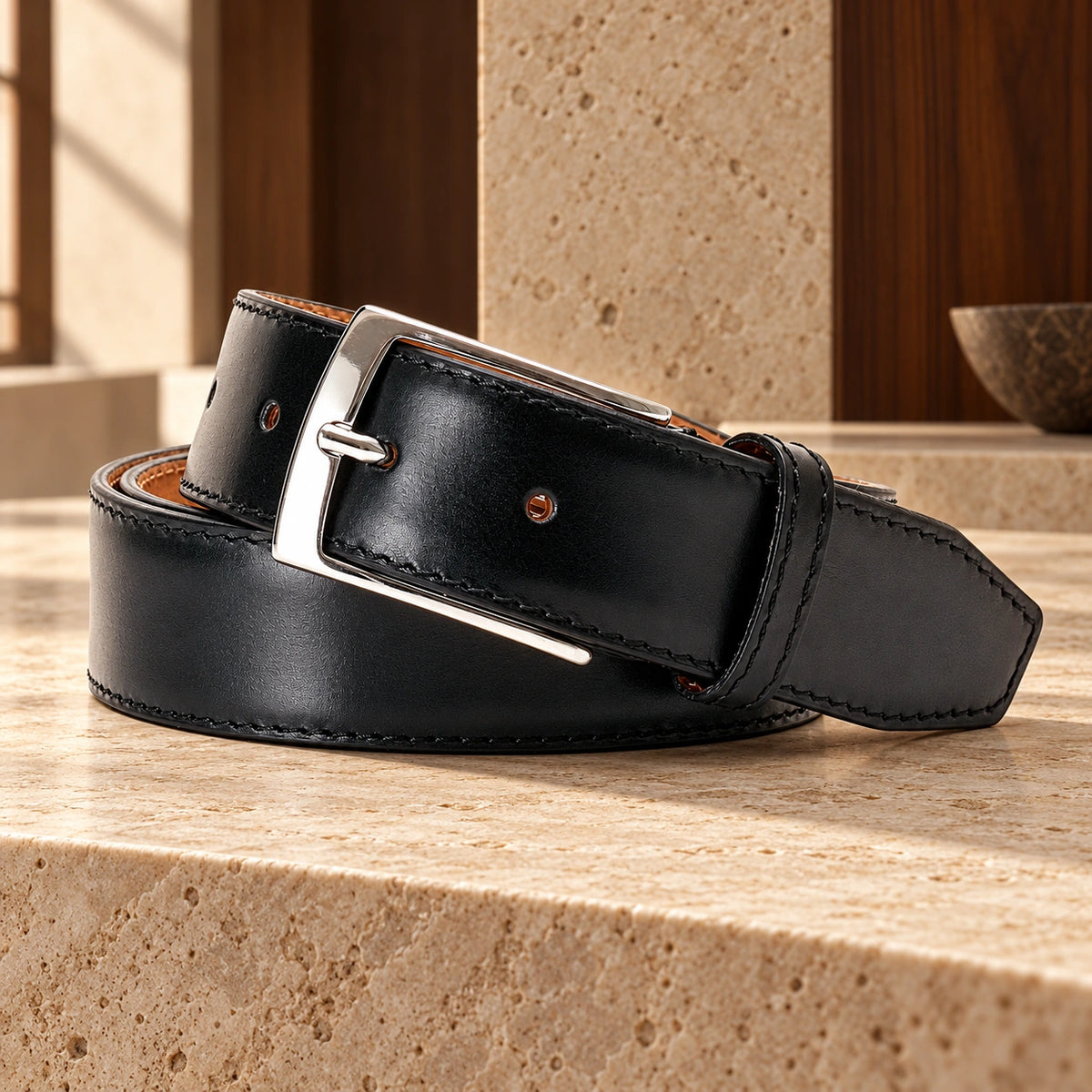 Curea din piele naturală Dark Black, de culoare neagră.