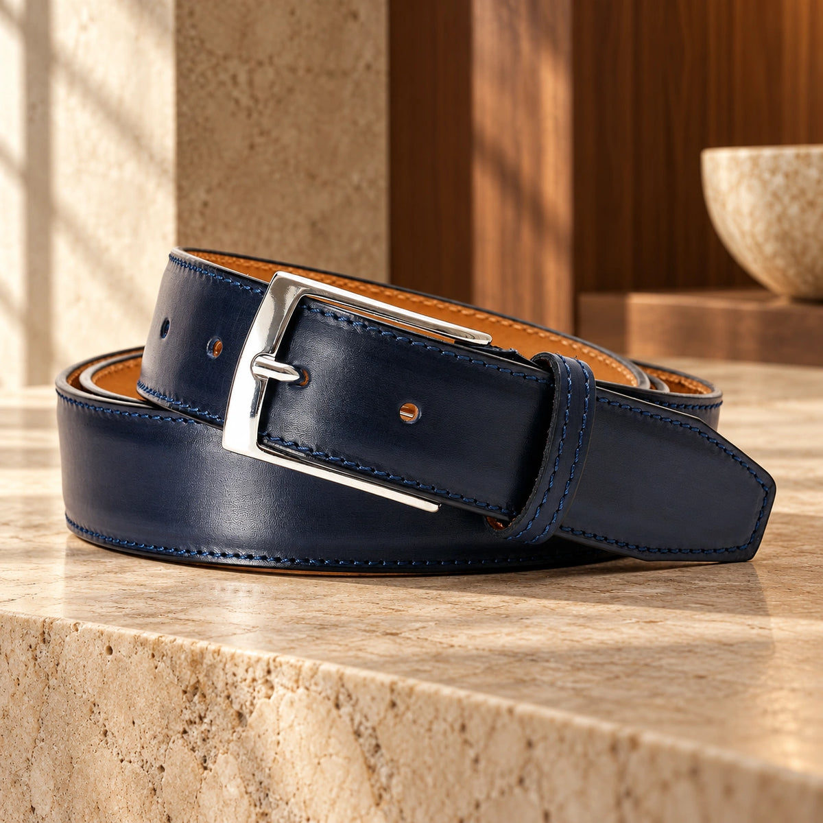 Curea din piele naturală Navy, de culoare bleumarin.