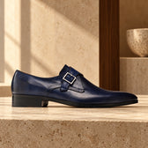 Pantofi de piele naturală monkstrap Treviso, de culoare bleumarin.