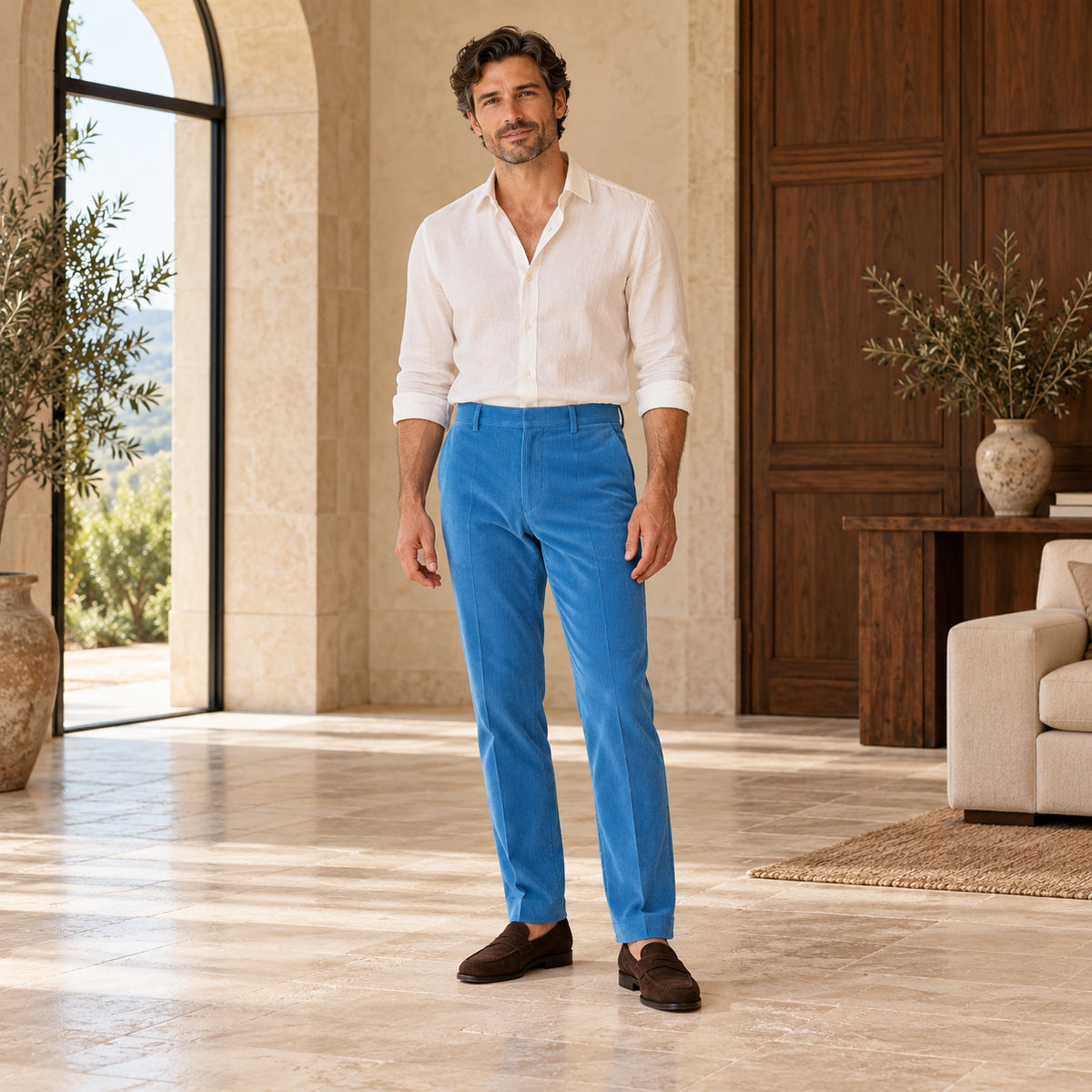Pantaloni din catifea raiată albastră, purtați cu o cămașă albă și mocasini maro.