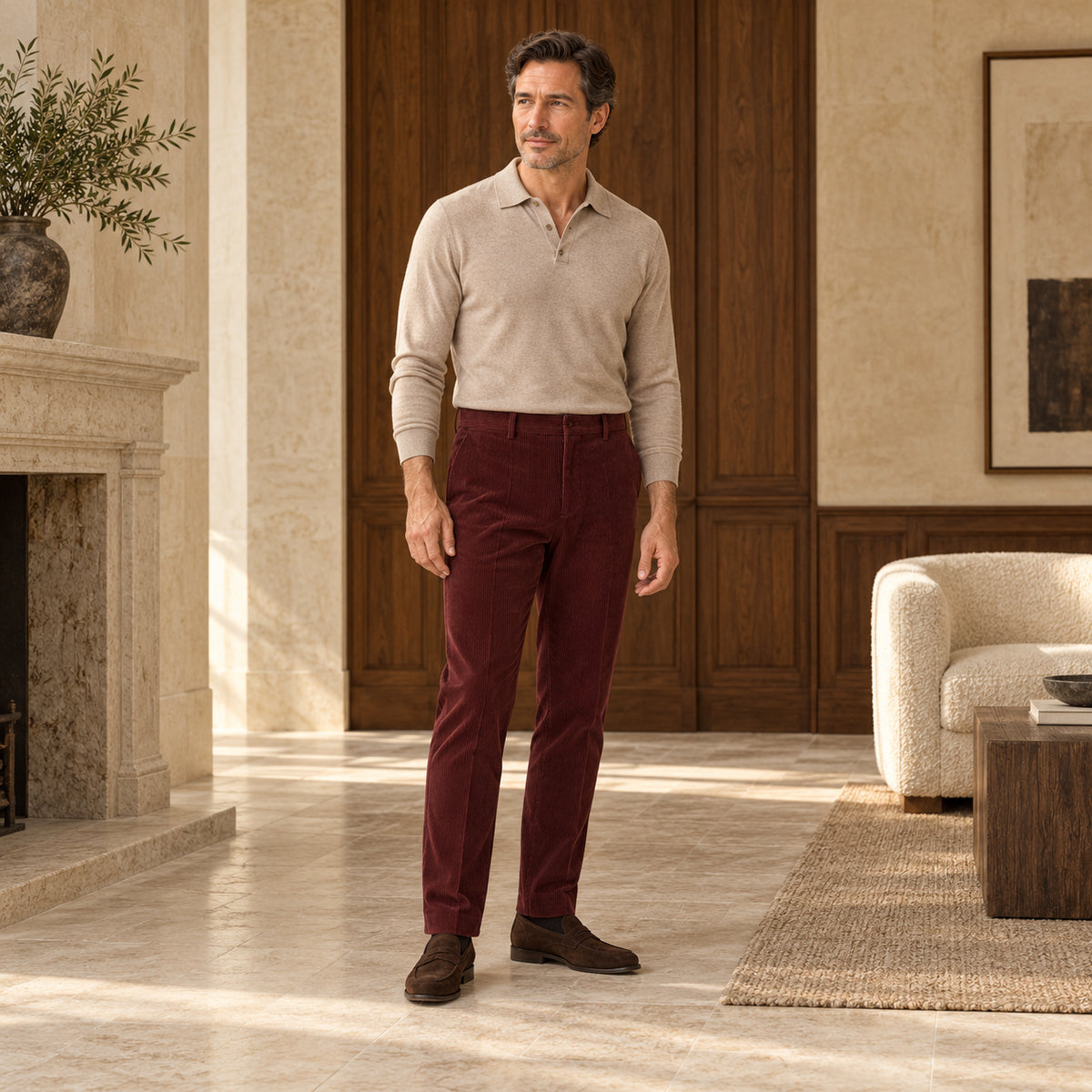 Pantaloni din catifea raiată burgundy, purtați cu un polo bej într-un interior luminos.