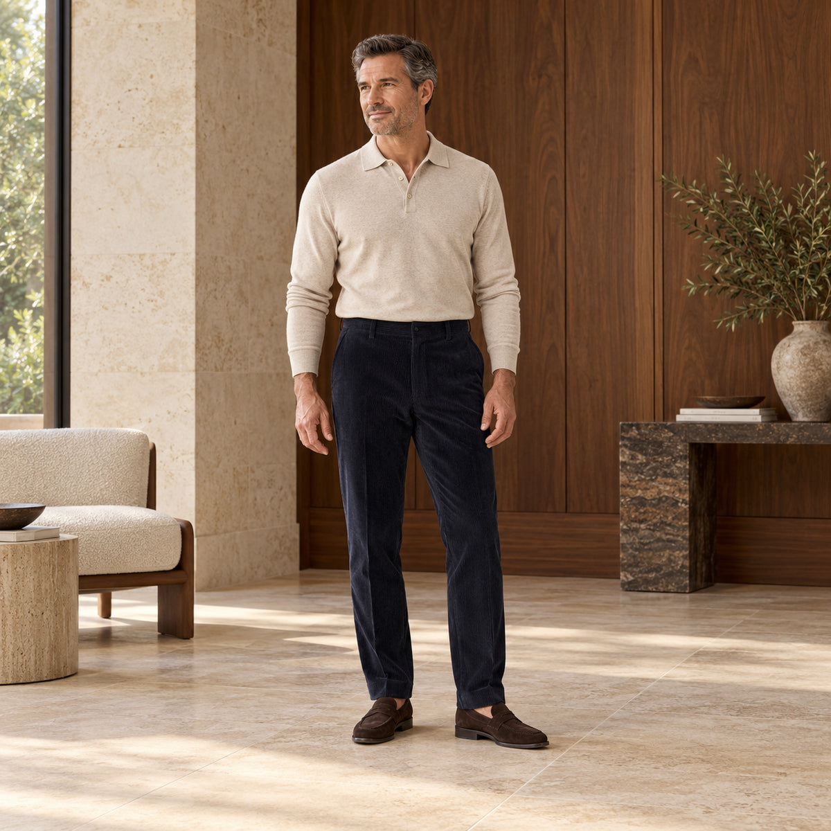 Pantaloni raiați bleumarin, purtați cu un polo bej și mocasini maro.