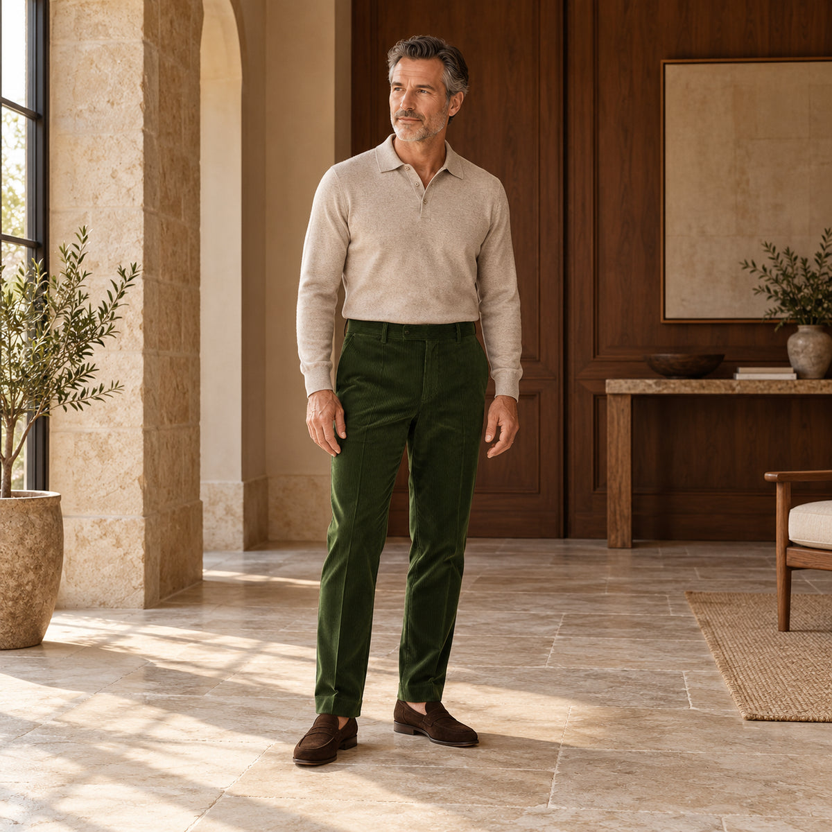 Pantaloni raiati verde închis, purtați cu un polo bej și mocasini maro într-un interior cu lemn de nuc.