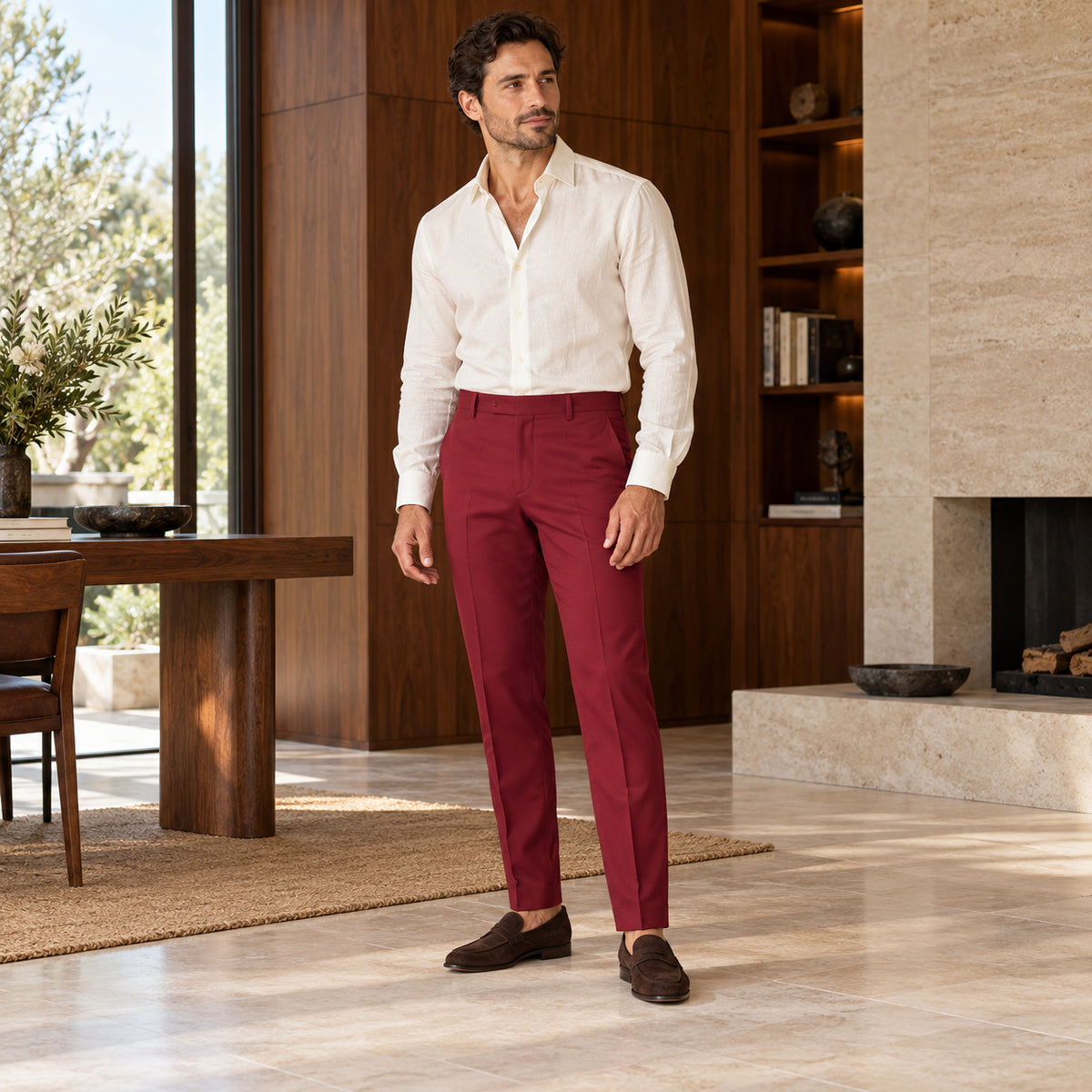 Pantaloni Santander burgundy, purtați pe model cu un top ivoire și mocasini maro, într-un interior cu lemn de nuc.