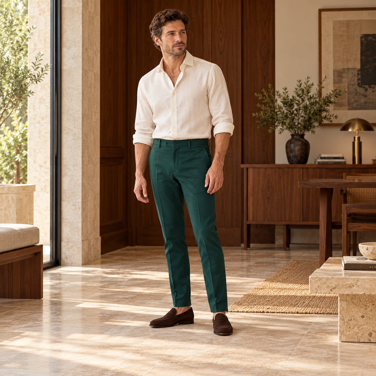 Pantaloni Sevilla verde închis, purtați pe model cu un top ivoire și mocasini maro, într-un interior cu lemn de nuc.